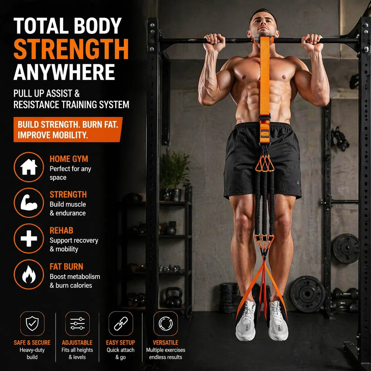 Adjustable Pull-Up Assistance Belt with Dual-Foot Straps & Resistance Bands – Heavy-Duty Metal Rings, Padded Footrests for Safe, Stable & Comfortable Full-Body Workouts